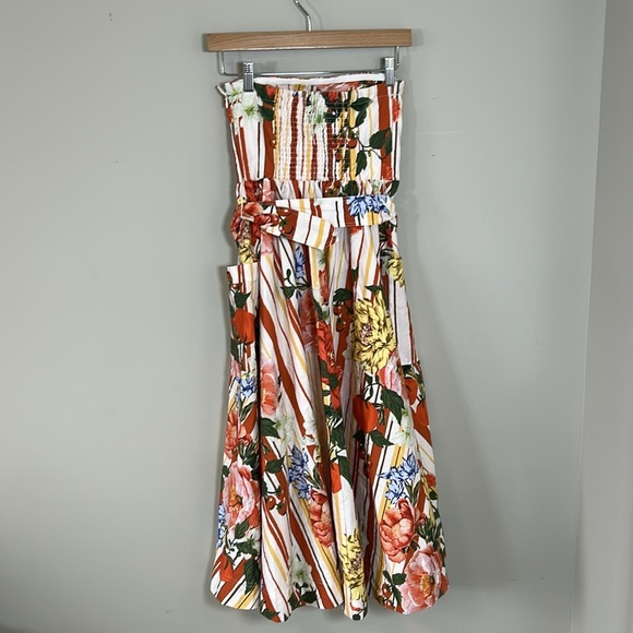Anthropologie Maeve Strapless Belted A Line Midi Dress Red Floral Pockets XS NEW - Picture 8 of 16